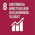 Agenda 2030, Mål 8, anständiga arbetsvillkor och ekonomisk tillväxt. Mörk röd bakgrund med vit symbol för staplar och en pil som går uppåt. 