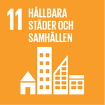 Agenda 2030, Mål 11, hållbara städer och samhällen. Orange bakgrund med vita husbyggnader. 